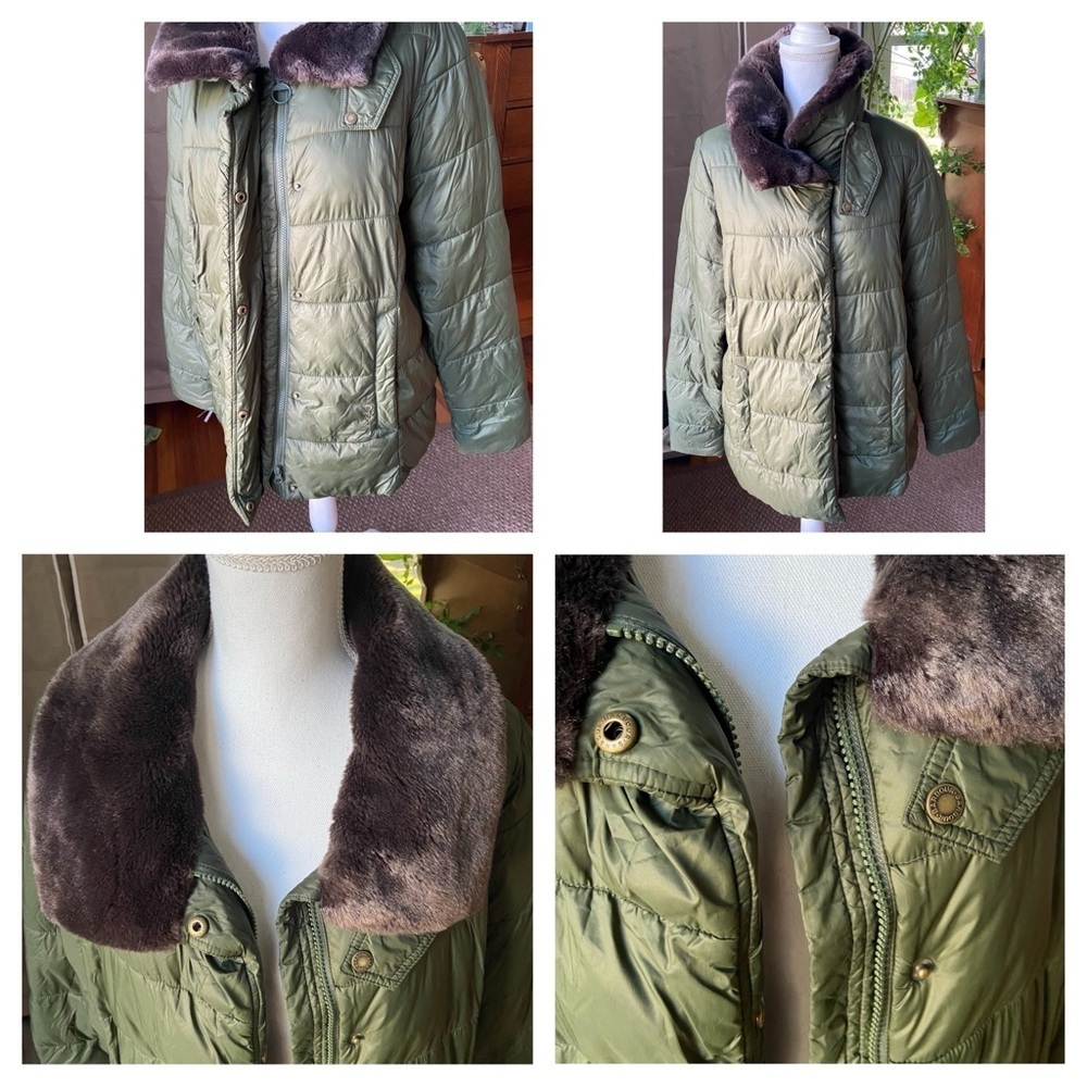 BARBOUR Green Mullein Faux Fur Collar Quilted Jacket Coat Size US 14 Sage Green - Picture 1 of 16